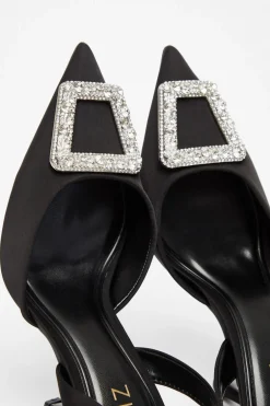 Quiz Satin Brooch Court Heels Black Sale