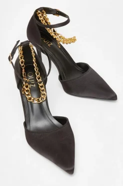 Quiz Black Satin Chain Strap Court Heels Discount