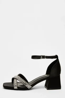Quiz Satin Diamante Block Heels Black Discount