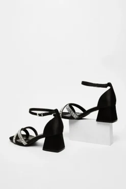 Quiz Satin Diamante Block Heels Black Discount