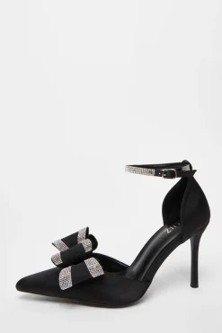 Quiz Satin Diamante Bow Court Heels Black New