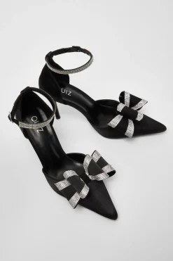Quiz Satin Diamante Bow Court Heels Black New