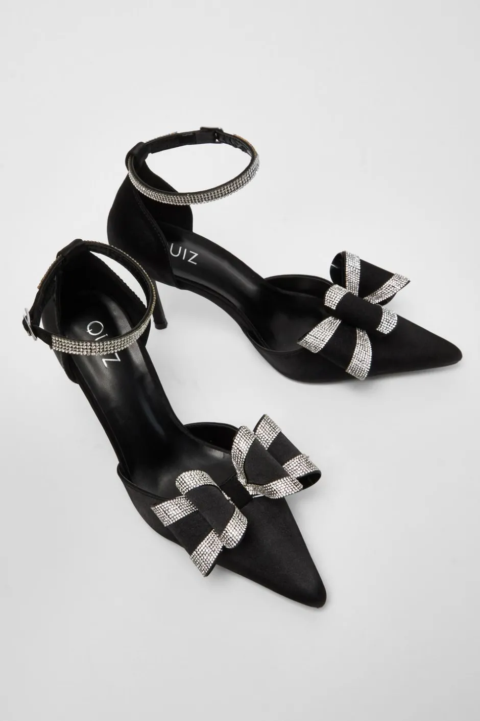 Quiz Satin Diamante Bow Court Heels Black New