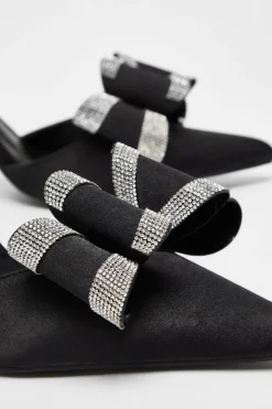 Quiz Satin Diamante Bow Court Heels Black New