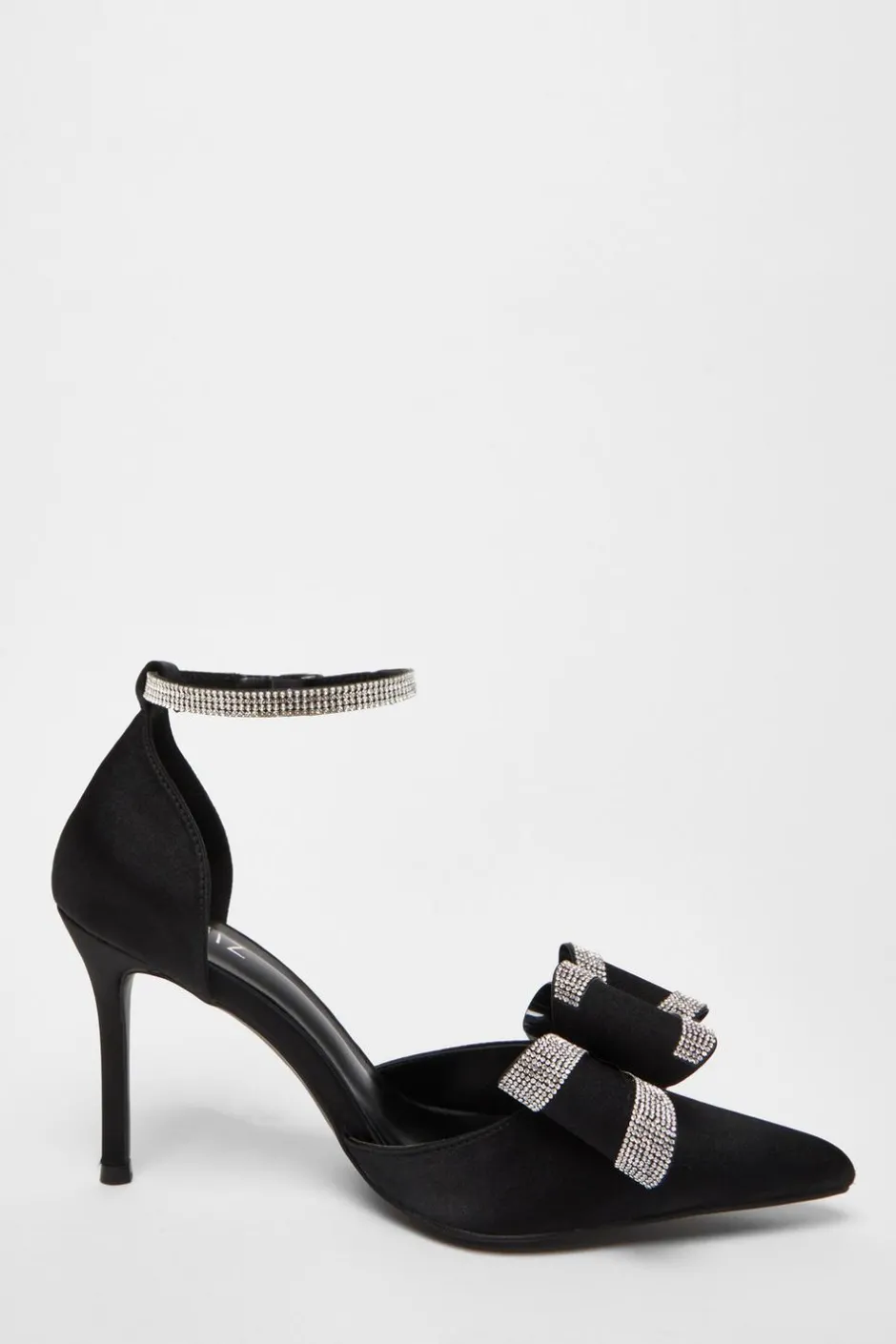 Quiz Satin Diamante Bow Court Heels Black New