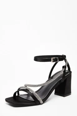 Quiz Black Satin Diamante Heeled Sandal New