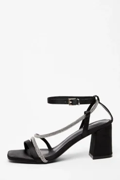 Quiz Black Satin Diamante Heeled Sandal New