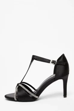 Quiz Black Satin Diamante T-Bar Heels Discount