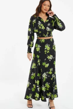 Quiz Black Satin Floral Midaxi Skirt Discount