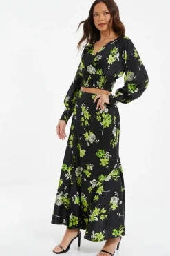 Quiz Black Satin Floral Midaxi Skirt Discount