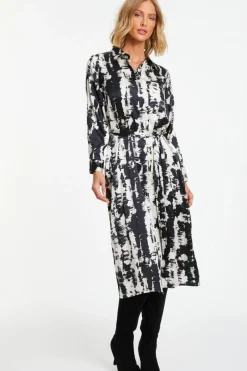 Quiz Black Satin Marble Print Shirt Dress Clearance