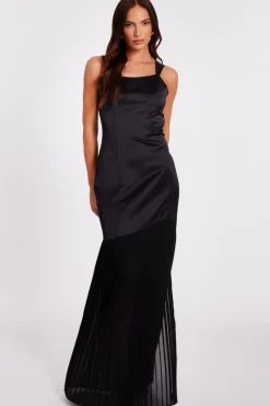 Quiz Satin Pleated Maxi Dress Black New