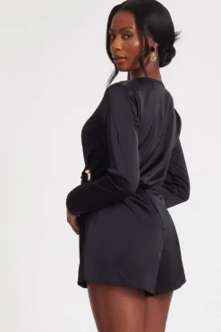 Quiz Black Satin Wrap Playsuit Sale