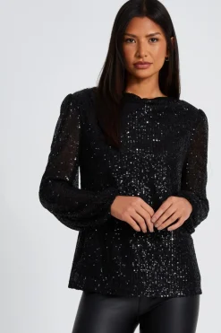Quiz Black Sequin Drape Top Outlet