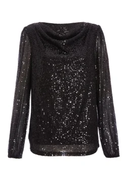 Quiz Black Sequin Drape Top Outlet
