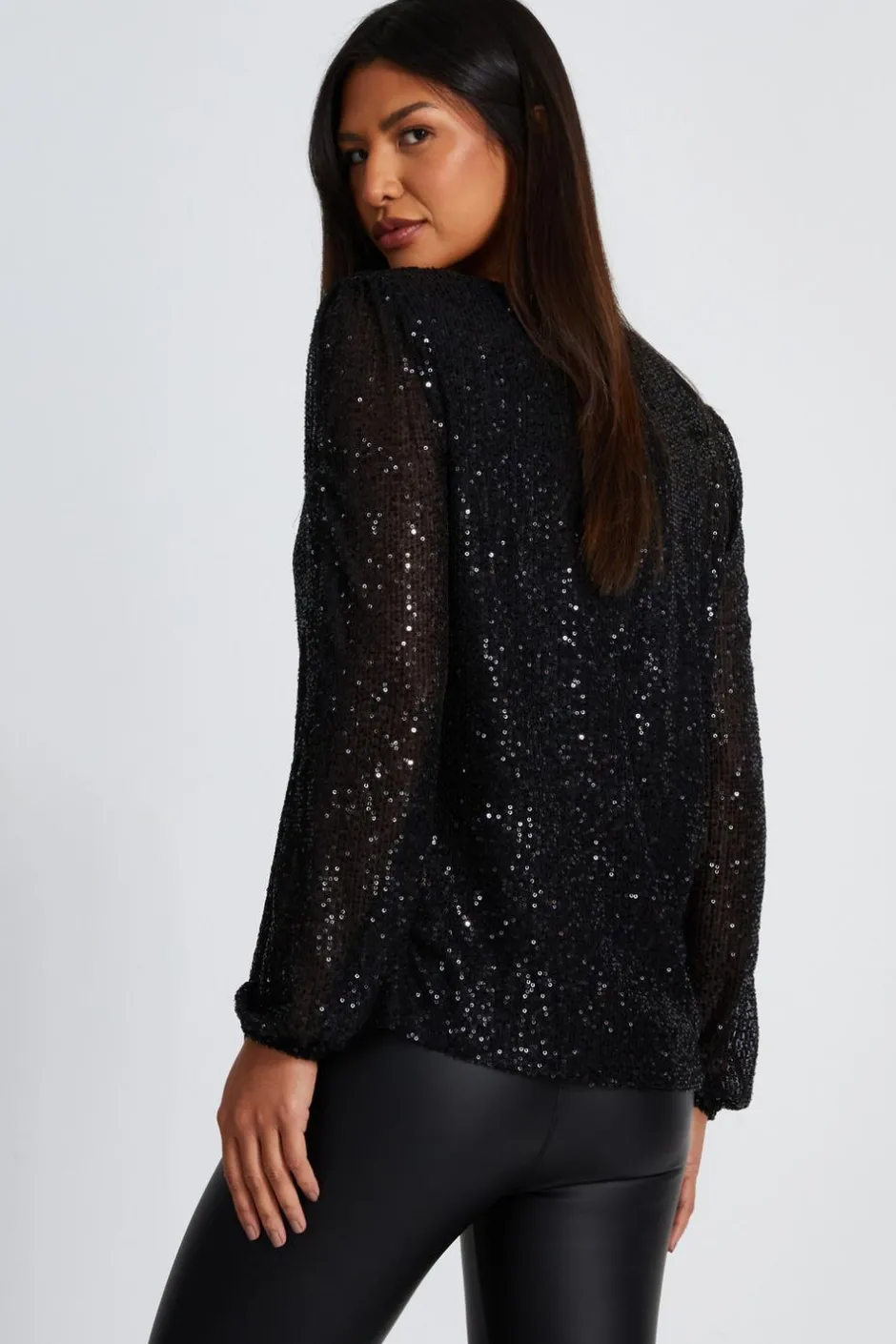 Quiz Black Sequin Drape Top Outlet