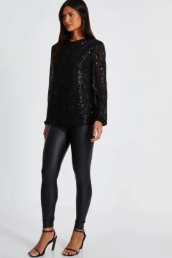 Quiz Black Sequin Drape Top Outlet