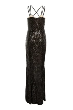 Quiz Black Sequin Lace Fishtail Maxi Dress Outlet