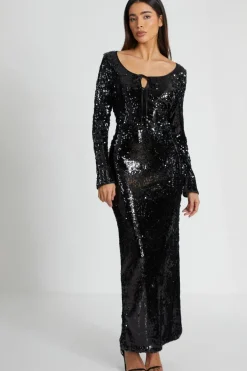 Quiz Black Sequin Tie Front Maxi Dress Outlet