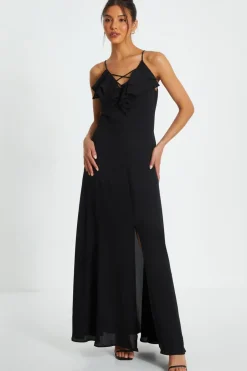 Quiz Strappy Ruffle Chiffon Maxi Dress Black Clearance