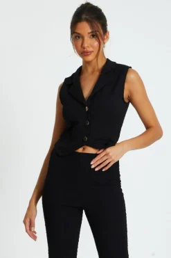 Quiz Black Textured Button Down Sleeveless Waistcoat Outlet