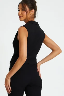 Quiz Black Textured Button Down Sleeveless Waistcoat Outlet