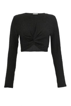 Quiz Textured Knot Front Crop Top Black Sale