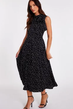 Quiz Tie Neck Polka Dot Midaxi Dress Black Best