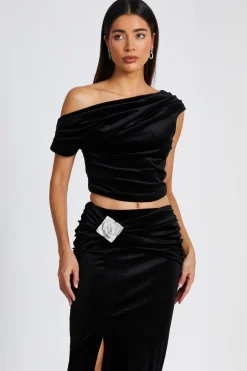 Quiz Velvet Asymmetric Top Black Clearance
