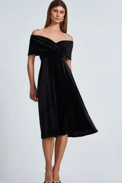 Quiz Black Velvet Bardot Midi Dress Sale