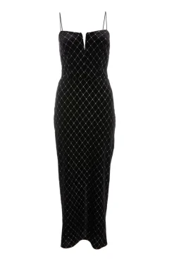 Quiz Black Velvet Diamante Midi Dress Hot