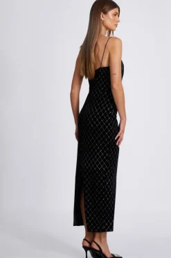 Quiz Black Velvet Diamante Midi Dress Hot