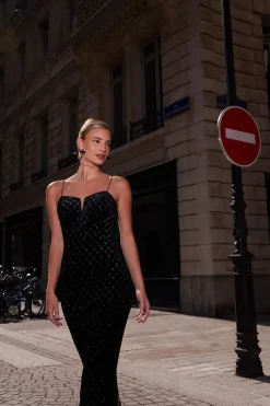 Quiz Black Velvet Diamante Midi Dress Hot