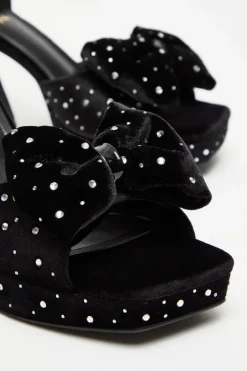 Quiz Black Velvet Diamante Platform Heeled Sandals Outlet