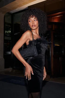 Quiz Black Velvet Feather Trim Mini Dress Online