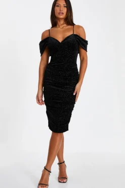 Quiz Black Velvet Glitter Cold Shoulder Midi Dress
