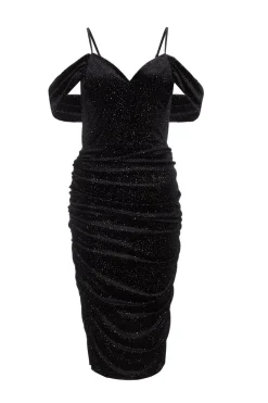 Quiz Black Velvet Glitter Cold Shoulder Midi Dress