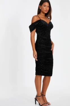 Quiz Black Velvet Glitter Cold Shoulder Midi Dress