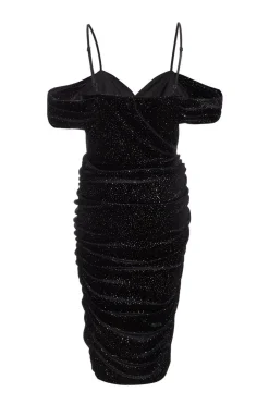 Quiz Black Velvet Glitter Cold Shoulder Midi Dress