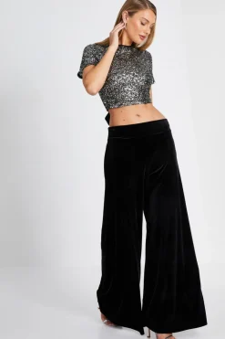 Quiz Black Wide Leg Velvet Trouser Sale