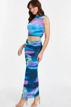 Quiz Blue Abstract Print Mesh Top Discount