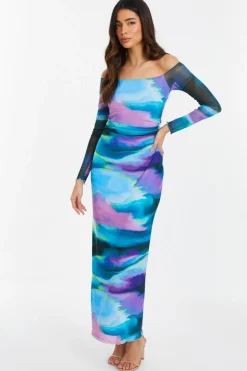 Quiz Blue Abstract Print Mesh Midaxi Dress
