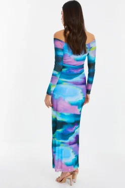 Quiz Blue Abstract Print Mesh Midaxi Dress