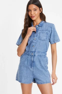 Quiz Blue Acid Wash Denim Playsuit Online