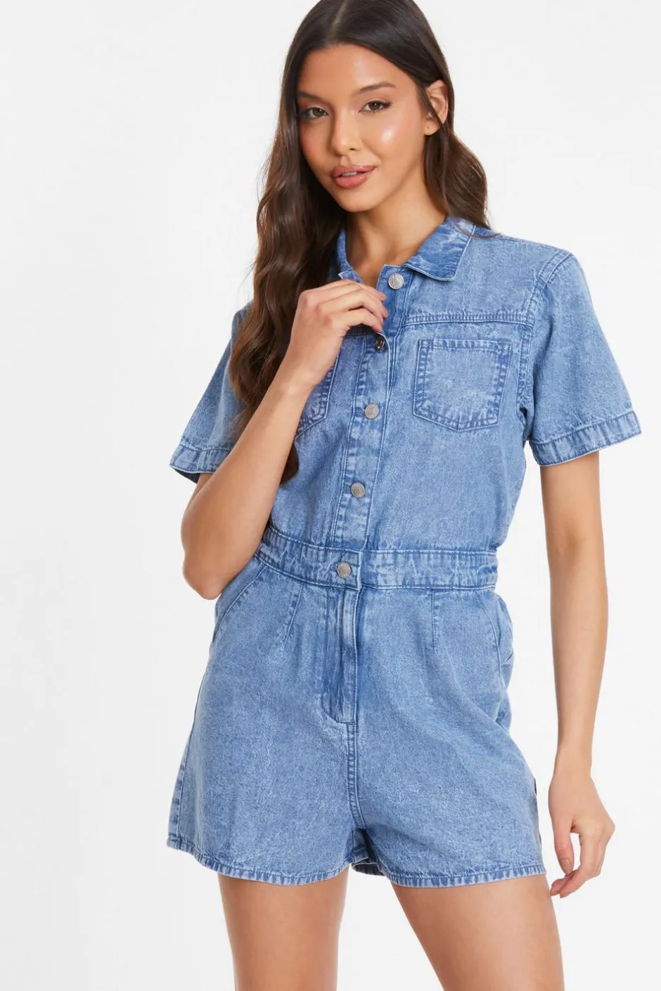 Quiz Blue Acid Wash Denim Playsuit Online