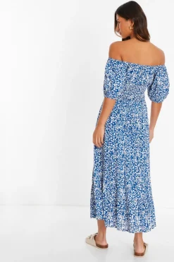 Quiz Blue Animal Print Bardot Midi Dress Hot