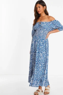 Quiz Blue Animal Print Bardot Midi Dress Hot