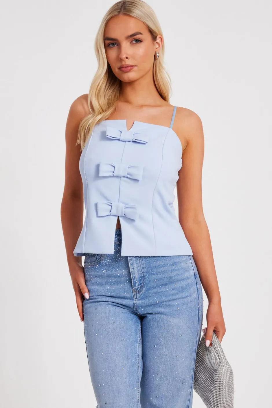 Quiz Bow Front Strappy Top Blue