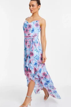 Quiz Blue Chiffon Floral Ruffle Maxi Dress Sale