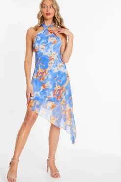 Quiz Blue Chiffon Printed Mini Dress Sale